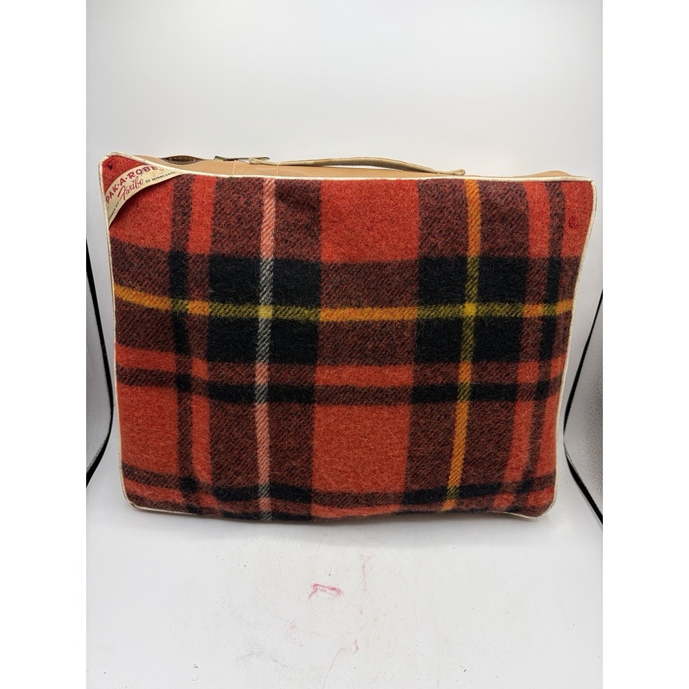 Vintage PAK-A-ROBE Red Plaid Wool Travel Blanket w Carry Case 68x41 Minnesota